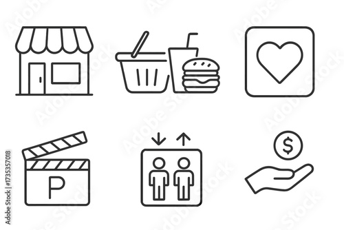 Shopping mall web icons in modern line style with store, shopping basket, food court, wishlist heart, cinema clapperboard, parking, elevator, and money hand collection, vector illustration