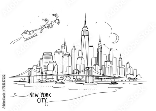 Santa flying over New York city. Sketch of city skyline. Christmas vibes.