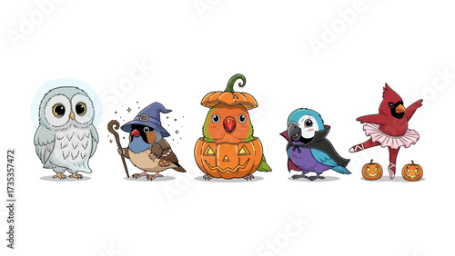Enchanting Avian Halloween: A whimsical composition showcasing charming birds, each uniquely adorned with Halloween-themed costumes and designs.