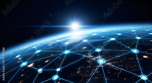 Stunning global network connecting continents with bright digital lines, symbolizing internet communication and future technology across the planet.