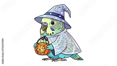 Enchanting Halloween Parakeet: A charming parakeet adorned in a witch hat and costume, clutching a carved pumpkin lantern, embodies the whimsical spirit of Halloween, inviting delight and enchantment.