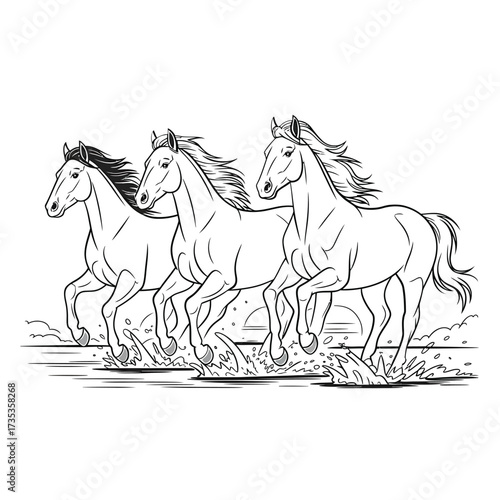 Three horses running together in a line illustration