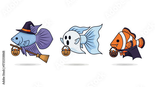 Aquatic Halloween Trio: A whimsical cartoon illustration showcasing three festive fish, each playfully embodying a different Halloween persona, creating a delightful underwater holiday scene.