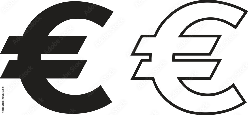 Obraz premium Euro currency symbols black flat and outline icons set. Money finance payment coins vectors illustration. Wealth and banking cash economy euro signs graphic for currency exchange business designs.