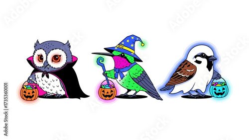 Spooky Birds: Embrace the enchanting aura of Halloween with these cartoonish depictions of a spooky owl, a magician hummingbird, and a friendly bird, each armed with a unique Halloween treat bag.