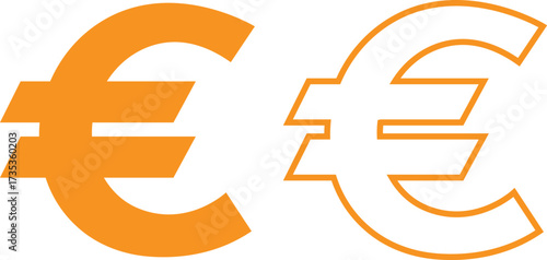 Euro currency symbols yellow flat and outline icons set. Money finance payment coins vectors illustration. Wealth and banking cash economy euro signs graphic for currency exchange business designs.
