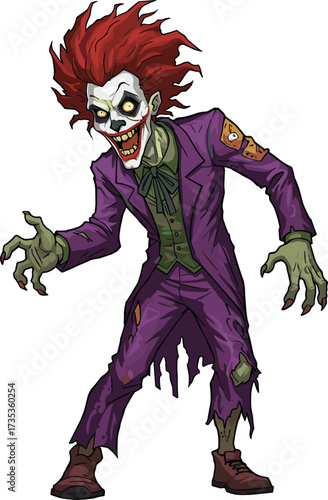 Zombie clown illustration, creepy cartoon character, horror Halloween art, scary undead monster, evil grin, tattered suit, spooky green skin