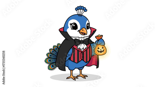 Halloween Peacock: A charming peacock dressed for Halloween, wearing a vampire cloak and holding a jack-o'-lantern, embodying festive spirit in a vibrant illustration.
