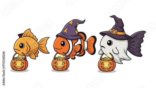 Halloween Fish Trio: Captivating cartoon fish, each adorned with Halloween-themed costumes, stand proudly, embodying a festive atmosphere and a whimsical charm.