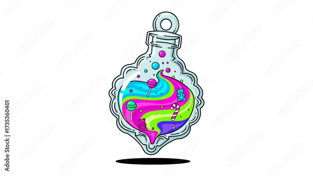 Obraz premium Magic in a Vial: A whimsical, illustrated vial filled with swirling, vibrant liquids and effervescent bubbles, embodying a sense of fantasy, wonder, and the extraordinary.