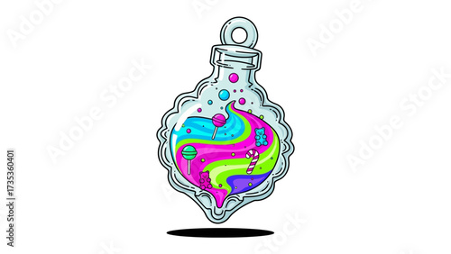 Magic in a Vial: A whimsical, illustrated vial filled with swirling, vibrant liquids and effervescent bubbles, embodying a sense of fantasy, wonder, and the extraordinary.