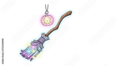 Enchanted Halloween Broom and Ornament: An ethereal Halloween broom paired with a spectral jack-o'-lantern ornament, ready to cast spells, beckoning the season's mystical charm. 
