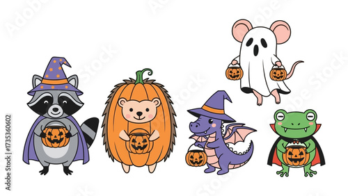 Halloween Animals: A whimsical illustration of Halloween animals. Each character wears a costume, and each one is holding a pumpkin bucket