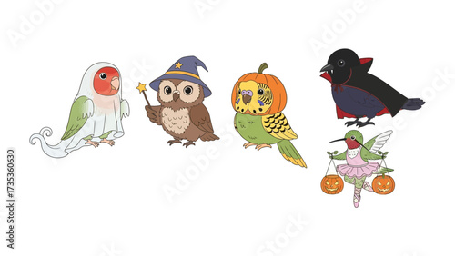 Halloween Avian Revelry: A whimsical illustration showcasing a collection of adorable birds dressed up in fanciful Halloween costumes, capturing the spirit of spooky celebration.