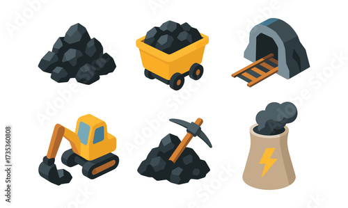 Isometric mining tools and equipment collection for energy and industry