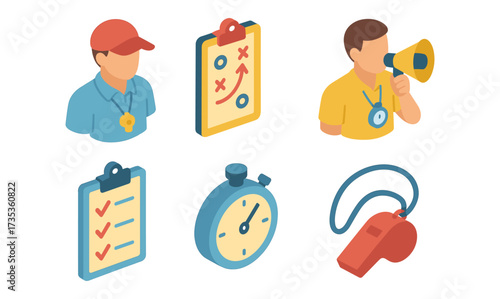 Isometric coaching elements with whistle, stopwatch, megaphone, clipboards, and coach figures