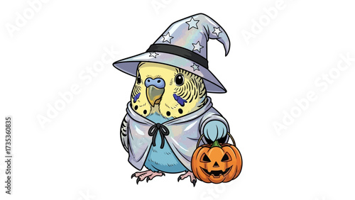 Halloween Parakeet: An adorable parakeet, dressed in a wizard costume, joyfully holds a carved pumpkin, ready for Halloween fun.