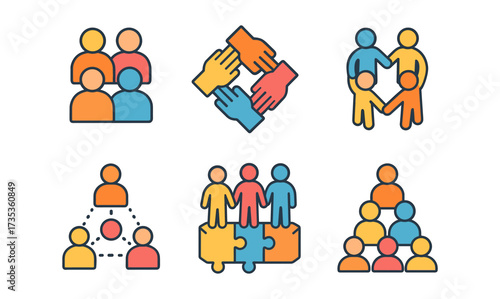 Colorful icons of teamwork and community in flat design style