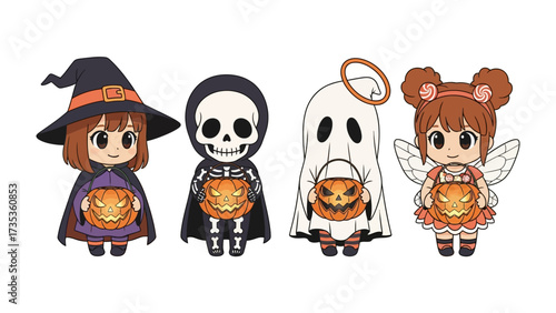 Spooky Squad: Four adorable, costumed characters, embodying the playful spirit of Halloween, gather in anticipation.