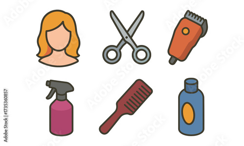 Hair salon essentials icons: colorful flat design tools and accessories