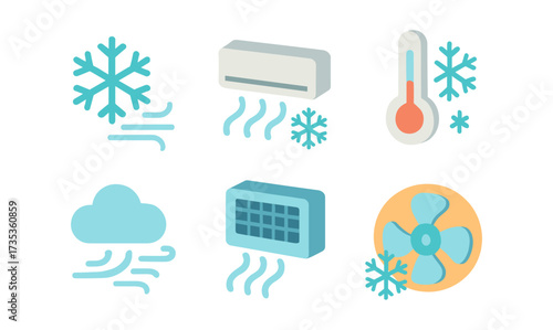 Isometric winter icons: air conditioning, snowflakes, and temperature symbols in blue and white