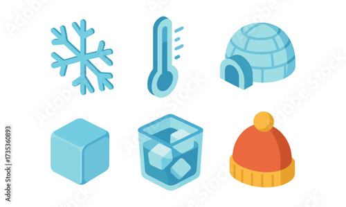 Winter icon set: snowflake, thermometer, igloo, ice cube, drink, beanie hat in isometric style