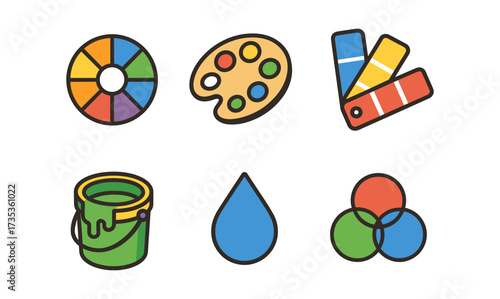 Colorful art tools set featuring color wheel and paint palette in flat design