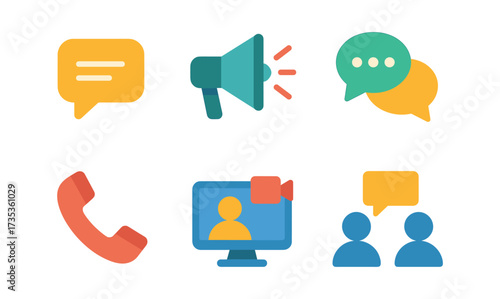 Colorful communication icons set: chat, megaphone, video call, phone symbols