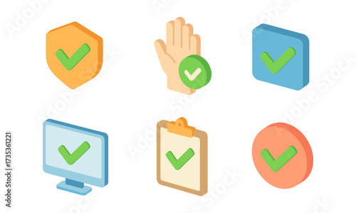 Colorful isometric icons of check marks and symbols for web and app ui