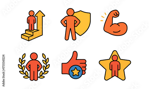 Achievement and success icons set: empowerment, growth, strength