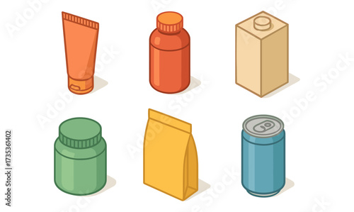 Isometric set of everyday consumer packaging: bottle, tube, carton, can, jar, bag