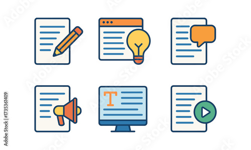 Flat style icon set for content creation and communication tools