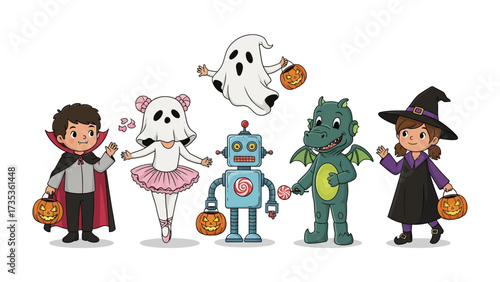 Halloween Kids in Costume: Playful children dressed in diverse Halloween costumes, happily trick-or-treating, creating a charming festive scene full of creativity.