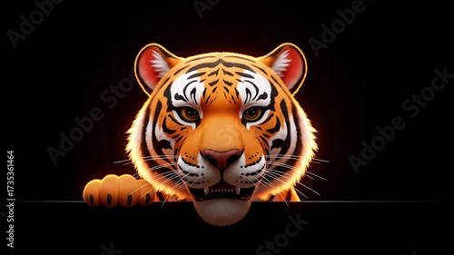 Animated tiger peeking over a ledge with various expressions on a black background