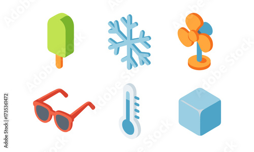 Isometric summer and winter icons: popsicle, snowflake, fan, sunglasses, thermometer, cube