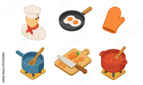 Isometric cooking icons: chef, utensils, and ingredients for kitchen designs