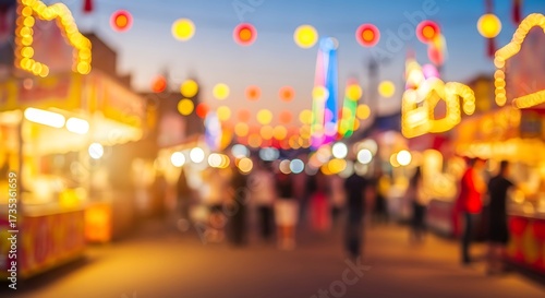 A bustling street fair with colorful lights and blurred crowds creates a festive atmosphere.