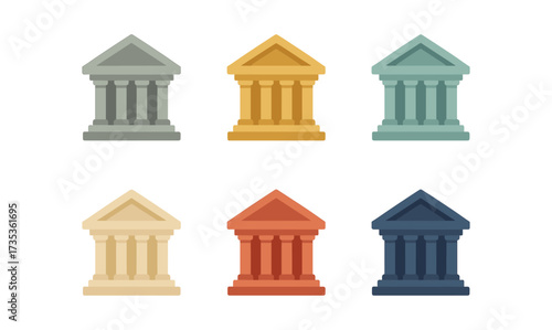 Colorful flat icons of classical greek temples in various shades