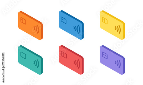 Colorful isometric contactless credit cards set on white background
