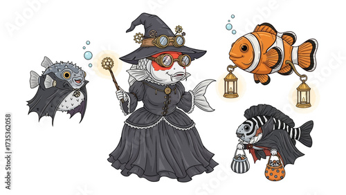 Steampunk Aquatic Fantasy: A whimsical illustration depicts an underwater scene where marine creatures have been magically transformed. The central figure, a fish-witch.