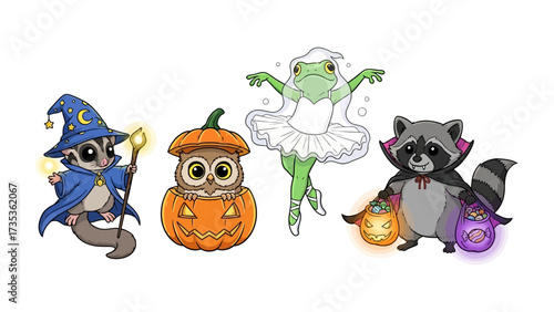 Spooky Animal Companions: A whimsical gathering of animals dressed in delightful Halloween costumes, each with their unique charm, offering a sense of playful celebration.