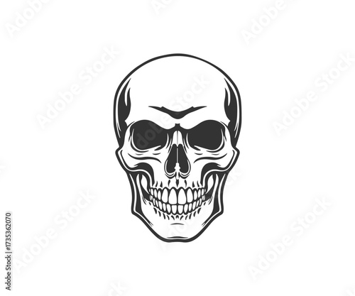A black skull silhouette in white background