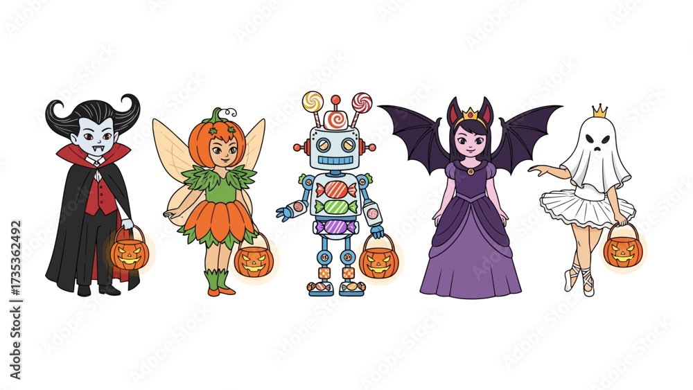 Naklejka premium Halloween Fun: A charming collection of cartoon characters dressed in festive costumes, each holding a Halloween treat container, embodying the playful spirit of the holiday and the joy of childhood.