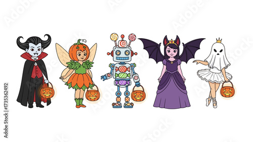 Halloween Fun: A charming collection of cartoon characters dressed in festive costumes, each holding a Halloween treat container, embodying the playful spirit of the holiday and the joy of childhood.
