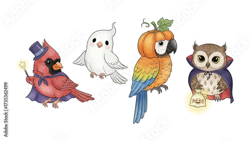 Whimsical Avian Ensemble: Adorable cartoon birds of various species, each sporting delightful costumes, gather together.