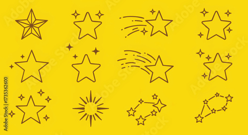 Collection of assorted star illustrations in various styles on a yellow background viewed from a straightforward perspective.