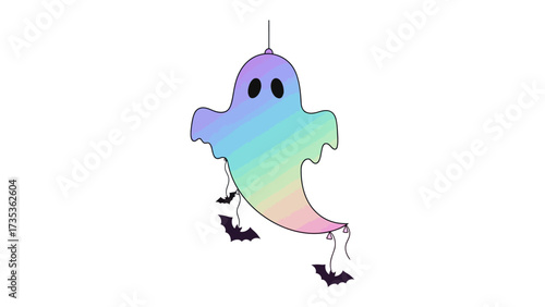 Spooky Specter: A whimsical, brightly-colored specter is delicately suspended in mid-air, decorated with a collection of delightful bats