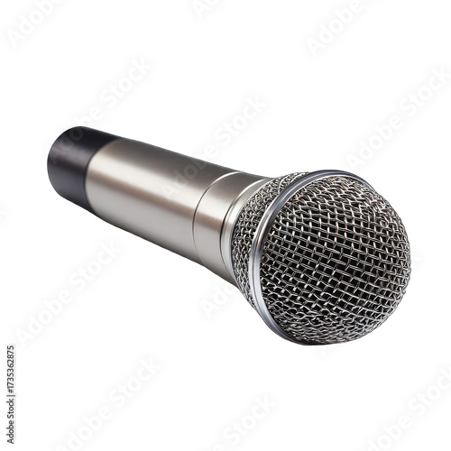 Silver microphone angled, with a wire mesh head on black