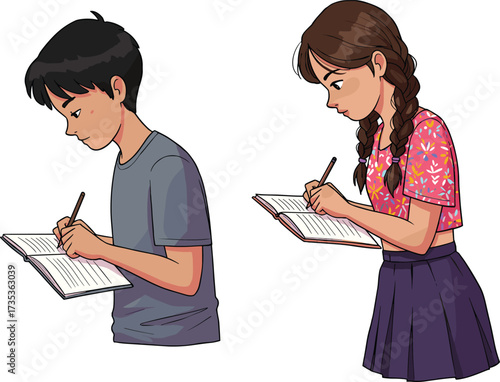Animated students writing in notebooks, boy and girl characters, side profile, concentration, study time, colorful outfit, braids, pencil, schoolwork, learning 