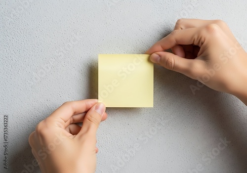 Hands placing a yellow sticky note on a textured light gray surface offering customizable workspace for reminders